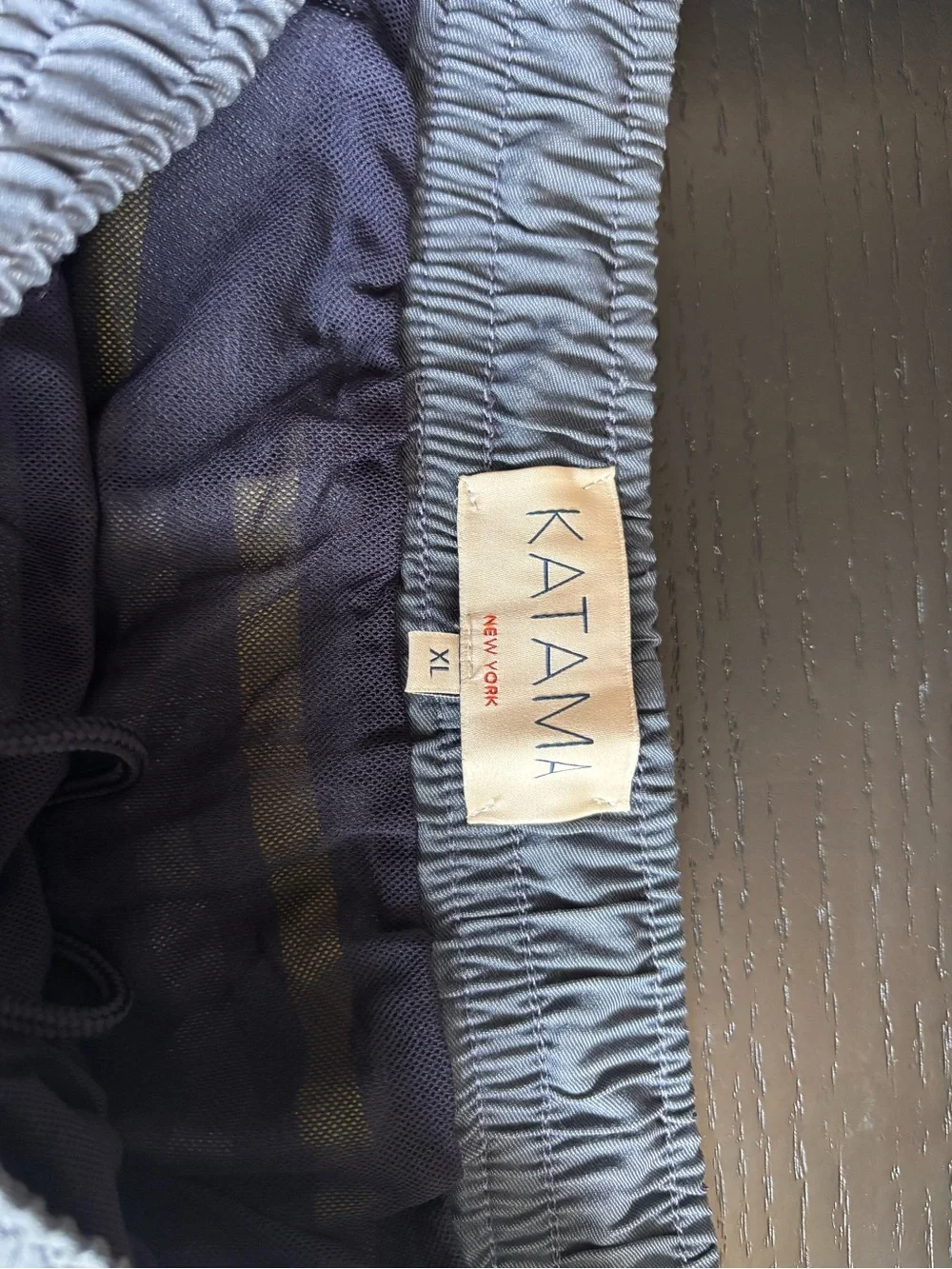 Katama - “The Braden” Men's Navy, grey, and yellow striped swim trunks